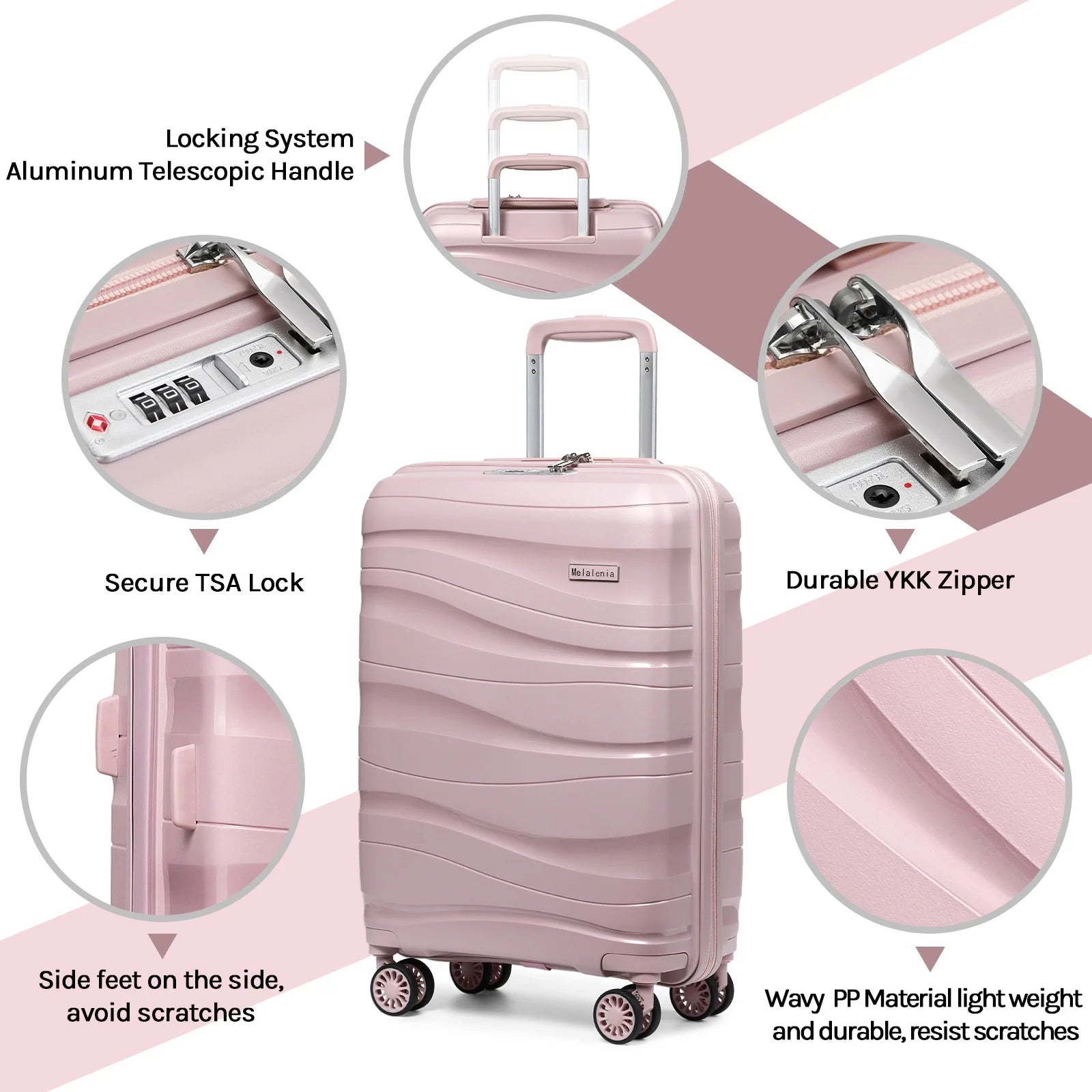 - 5 Luggage Sets PP Hardside Spinner Luggage - (Expandable Carry-On Suitcase20")(24" 28")-Rose Gold