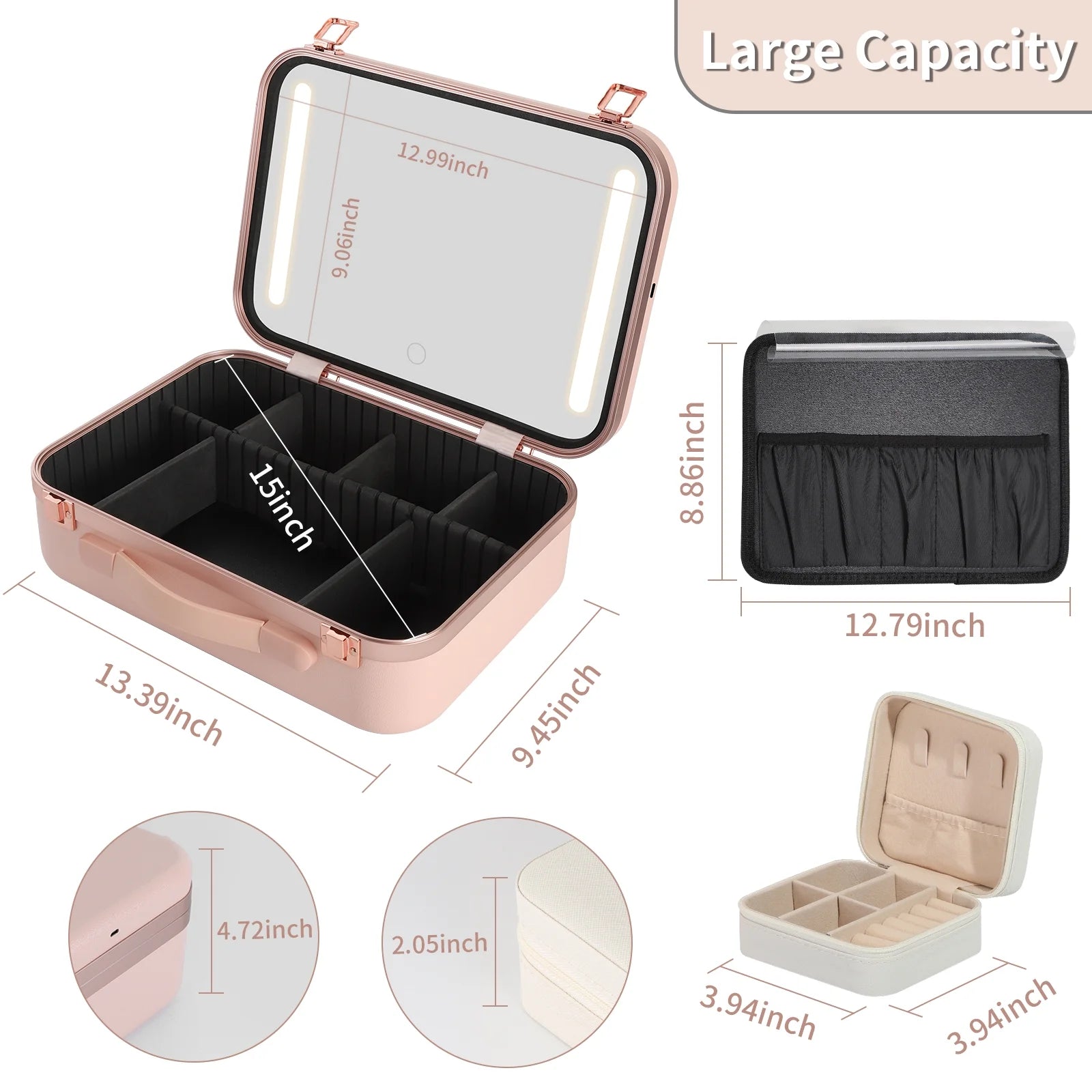 15" Pink Makeup Train Case with Mirror & Light & Jewelry Organizer Cosmetic Case Box with Brushes Board