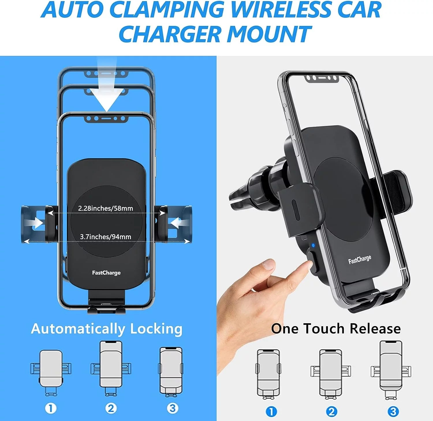 15W Wireless Car Charger Phone Mount Fast Charging Auto Clamping Phone Holder for Iphone 15 14Pro Max, Samsung Galaxy S23 Ultra S22 S21 Note 9-Black