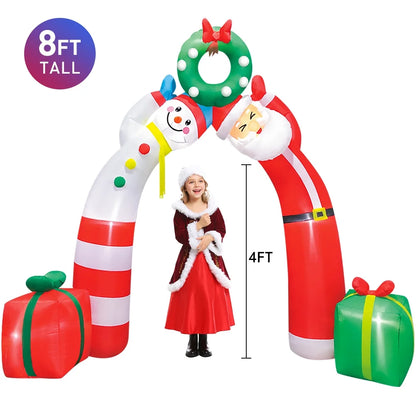 8' Christmas Inflatable Decorations, Xmas Blow up Archway Decor with Santa Claus and Snowman, Built-In LED Lights Outoor Lawn Yard Garden