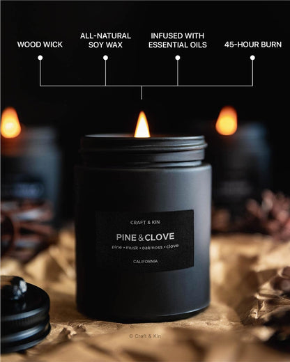 Premium Pine and Clove Candle | Scented Candles for Home | Holiday Candles | Masculine Candle | Christmas Candles | Aromatherapy Candle | Long Lasting Fragrance with 45 Hour Burn Time - 7.6Oz