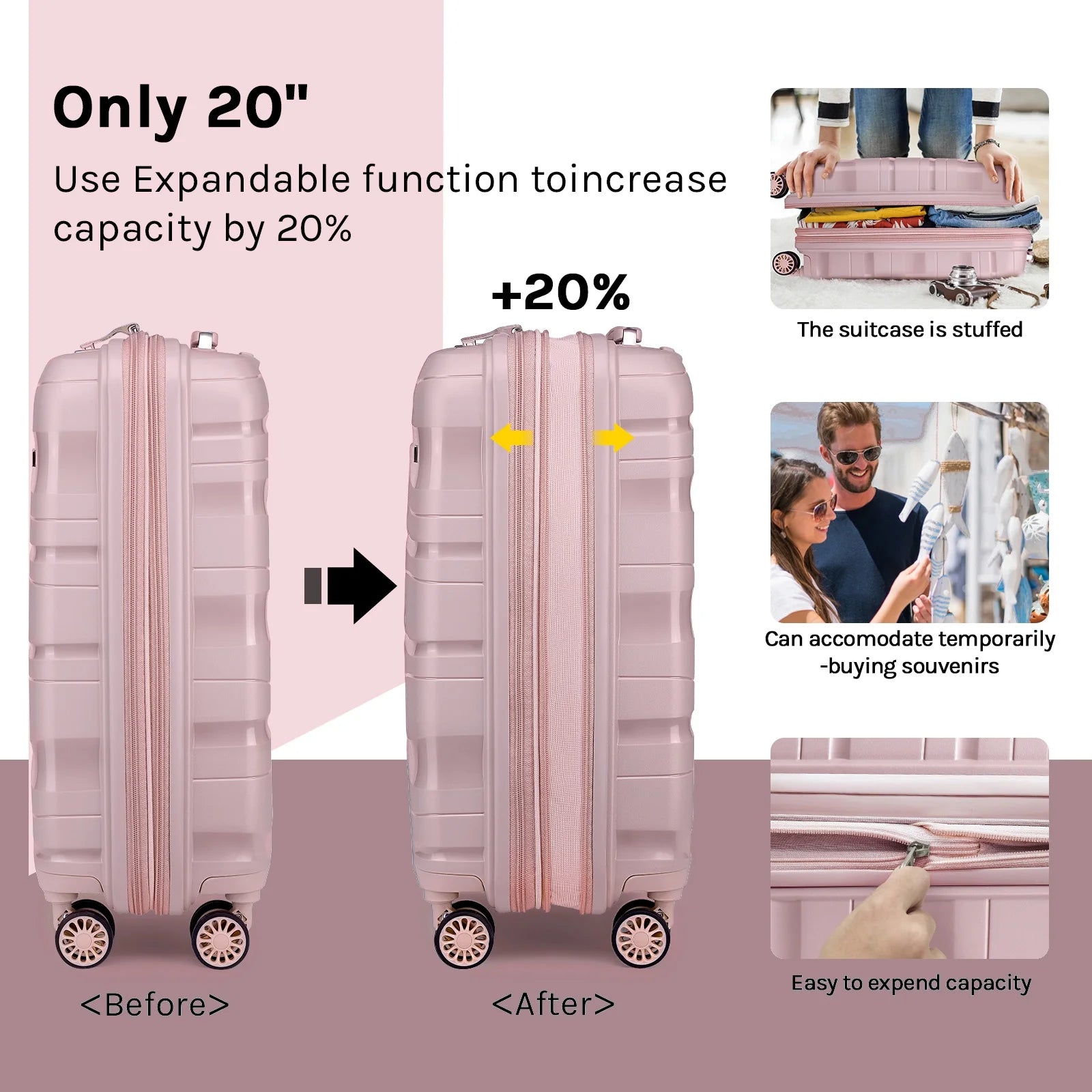 - 5 Luggage Sets PP Hardside Spinner Luggage - (Expandable Carry-On Suitcase20")(24" 28")-Rose Gold