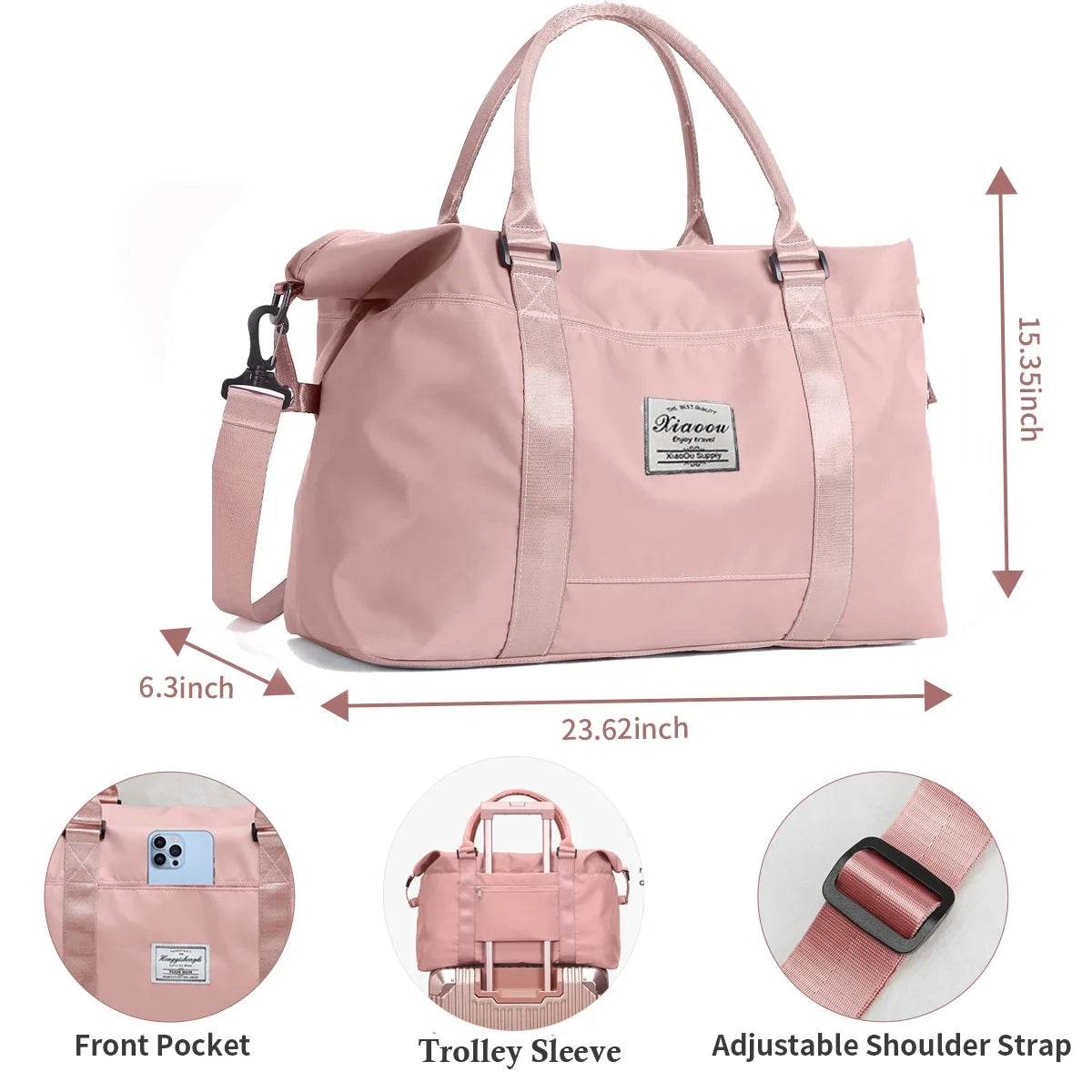 24" Weekender Bags for Women, 37L Travel Duffle Bags Carry on Gym Tote Bag, Overnight Bag with Wet Dry Pocket/Front Phone Pocket/Trolley Sleeve Pocket for Travel, Airline Approved, Pink