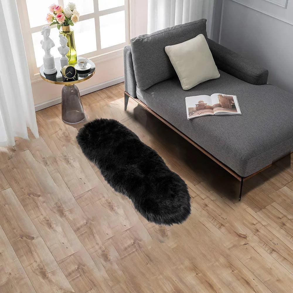 Soft Black Faux Sheepskin Fur Rug 2X4 Feet Fluffy Rug Shag Nursery Rug Small Cute Rug Area Rug Carpet for Living Room Bedroom, Cushion, Home Décor