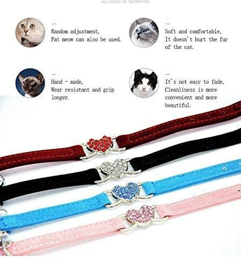 Pink Soft Velvet Safe Cat Adjustable Collar with Crystal Heart Charm and Bells 8-11 Inches(Black+Red+Pink+Blue)