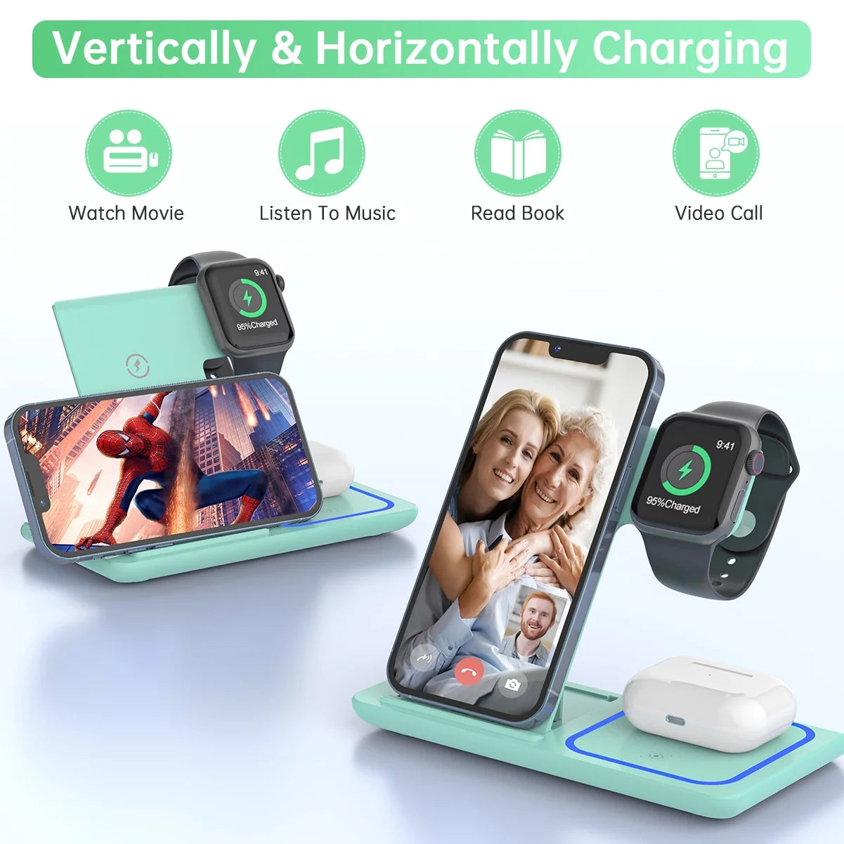 Wireless Charger, 18W 3 in 1 Charging Station for Iphone 16/15/14/13/12/11/Pro/Xs/Xs Max/Xr/X, Fast Wireless Charging Dock for Apple Watch 10/9/8/7/6/SE/5/4/3/2, Airpods 4/3/2/Pro with Adapter(Green)