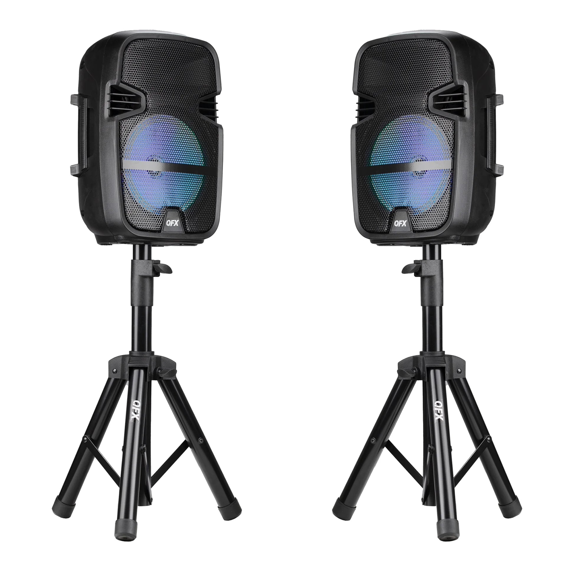 PBX-808TWS TWO 8 INCH PORTABLE PA SPEAKER SYSTEMS with 2 SPEAKERS, 2 SPEAKER STANDS, 2 WIRED MICROPHONES and 2 REMOTES