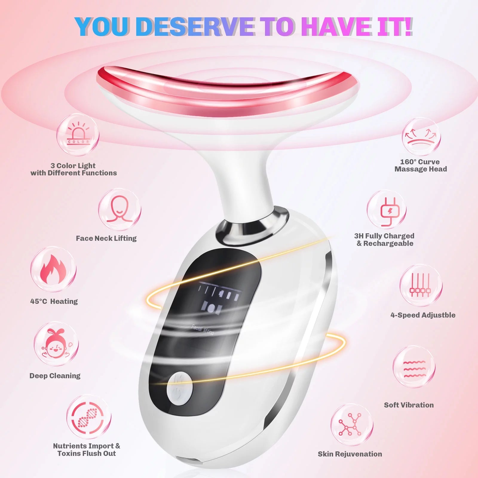 Firming Wrinkle Removal Device for Neck Face, Double Chin Reducer Machine with 45 +5℃ Heat & 3 Color Modes for Skin Care, Face Lift, Improve, Smooth and Tightening Skin, White