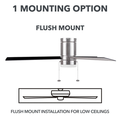 52" Modern Nickel Indoor Flushmount Ceiling Fan with Color Changing Light, Pull Chain Control & Reverse Airflow