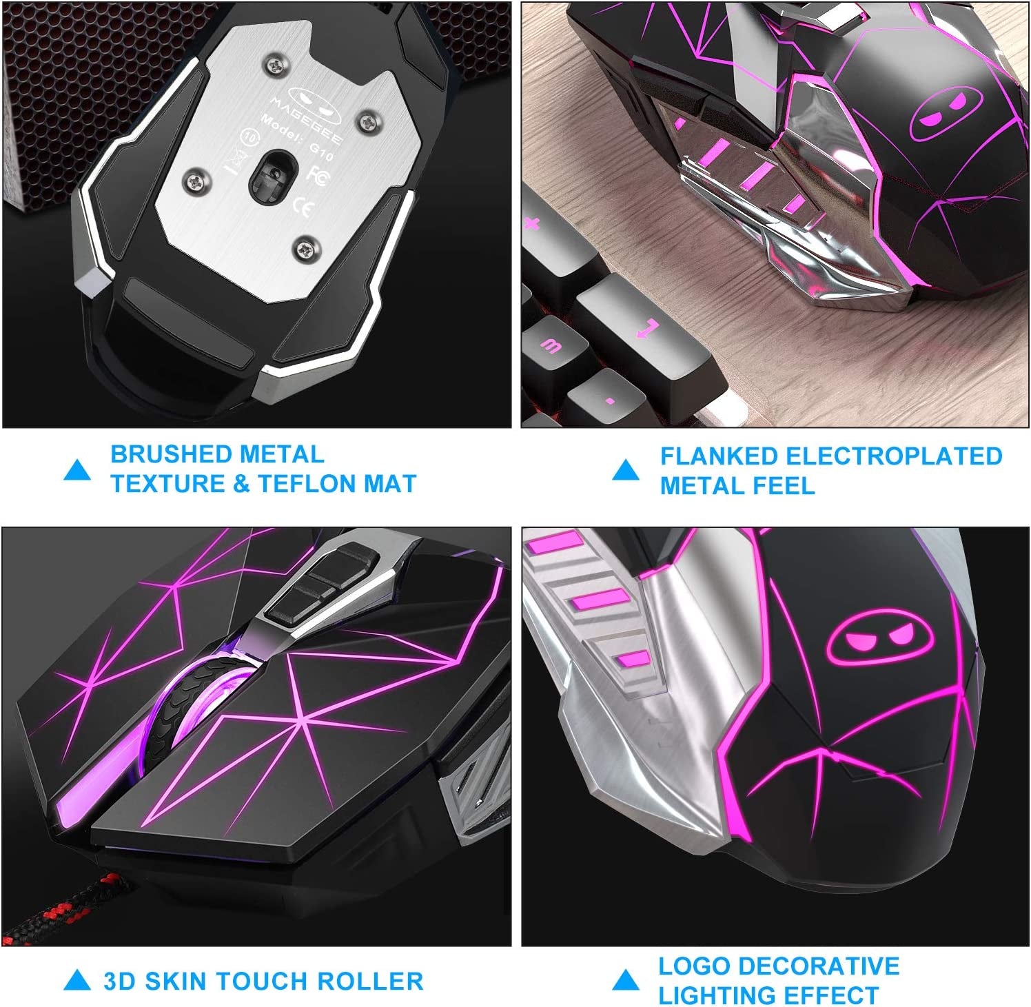 G10 Gaming Mouse Wired, 7 Colors Breathing LED Backlit Gaming Mouse, 6 Adjustable Speeds, Ergonomic Optical Computer Mouse with 7 Buttons for Windows PC Gamers