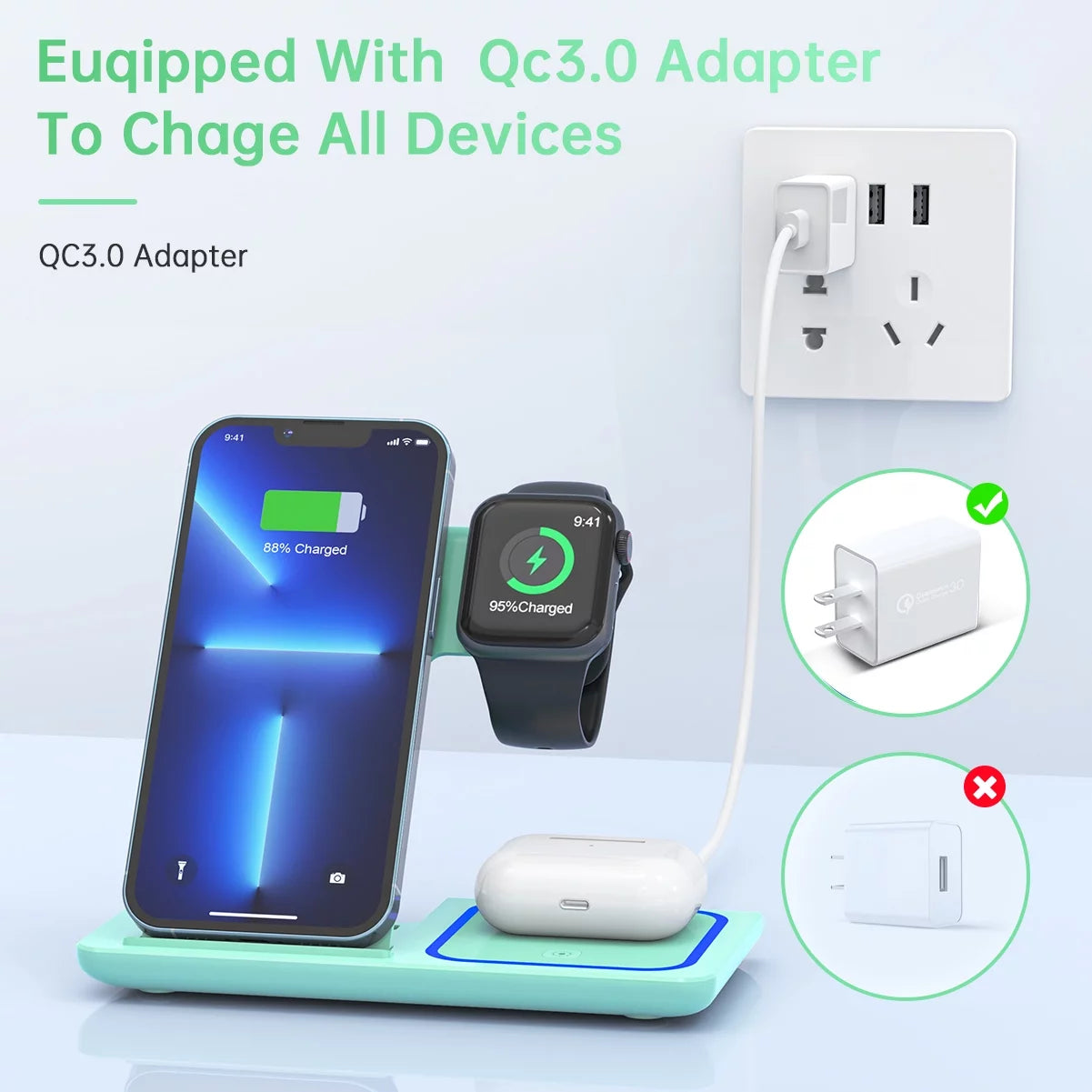 Wireless Charger, 18W 3 in 1 Charging Station for Iphone 16/15/14/13/12/11/Pro/Xs/Xs Max/Xr/X, Fast Wireless Charging Dock for Apple Watch 10/9/8/7/6/SE/5/4/3/2, Airpods 4/3/2/Pro with Adapter(Green)