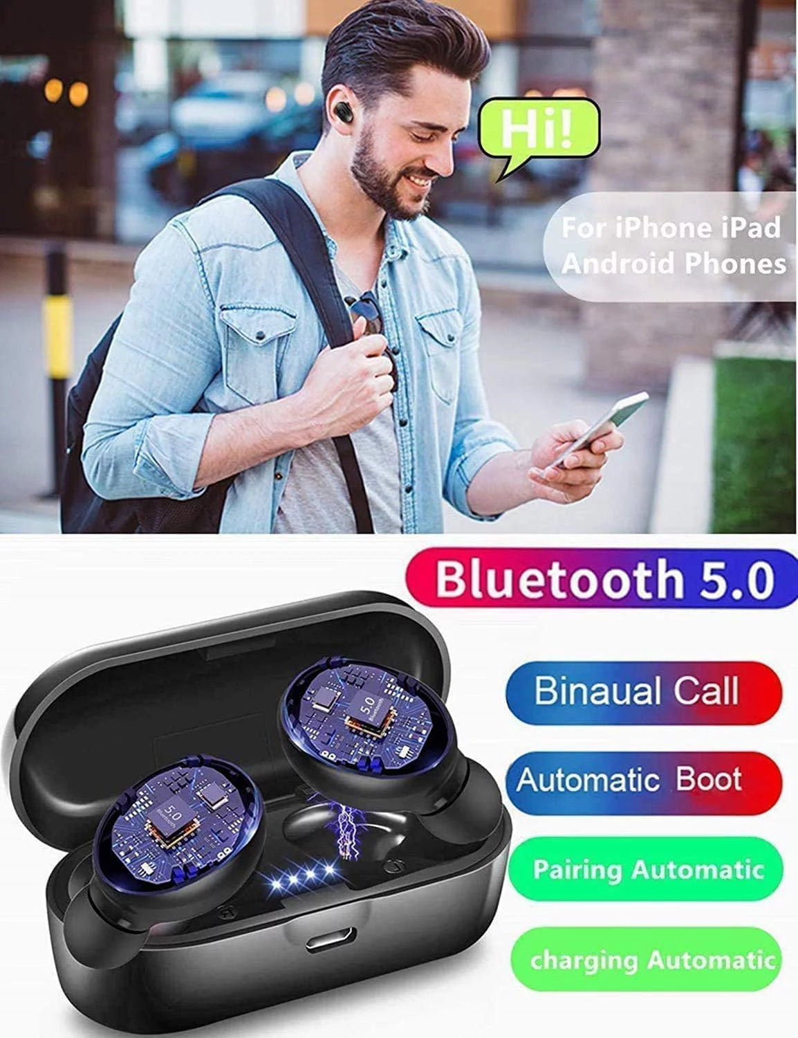 True Wireless Earbuds, TWS Stereo Waterproof Bluetooth in Ear Earphones with Charging Case, Noise Cancellation, Built-In Mic for Sports & Work