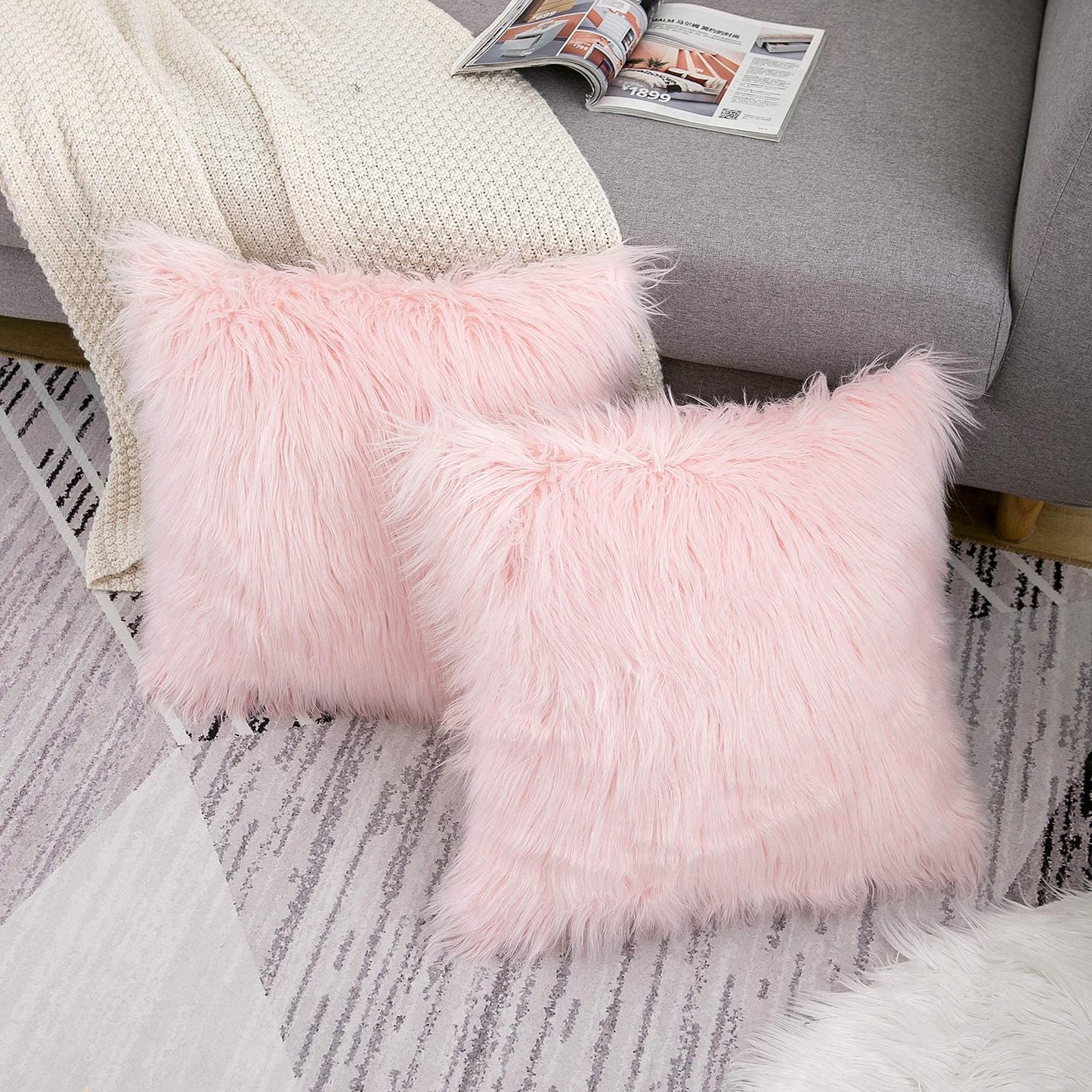 Set of 2 Pink Fluffy Pillow Covers New Luxury Series Merino Style Blush Faux Fur Decorative Throw Pillow Covers Square Fuzzy Cushion Case 18X18 Inch