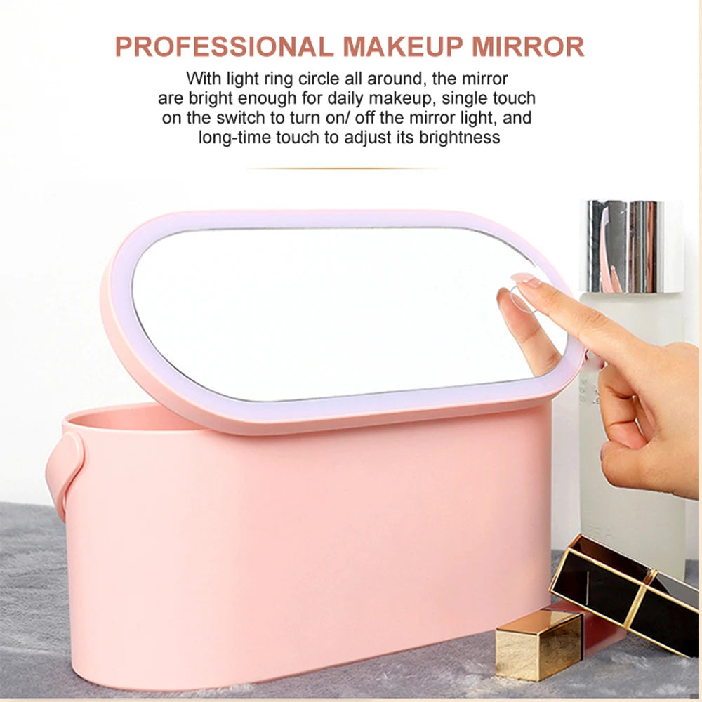 Lighted Makeup Vanity Mirror with Makeup Storage Case Rechargeable LED Light Desktop Makeup Mirror Portable Makeup Beauty Box