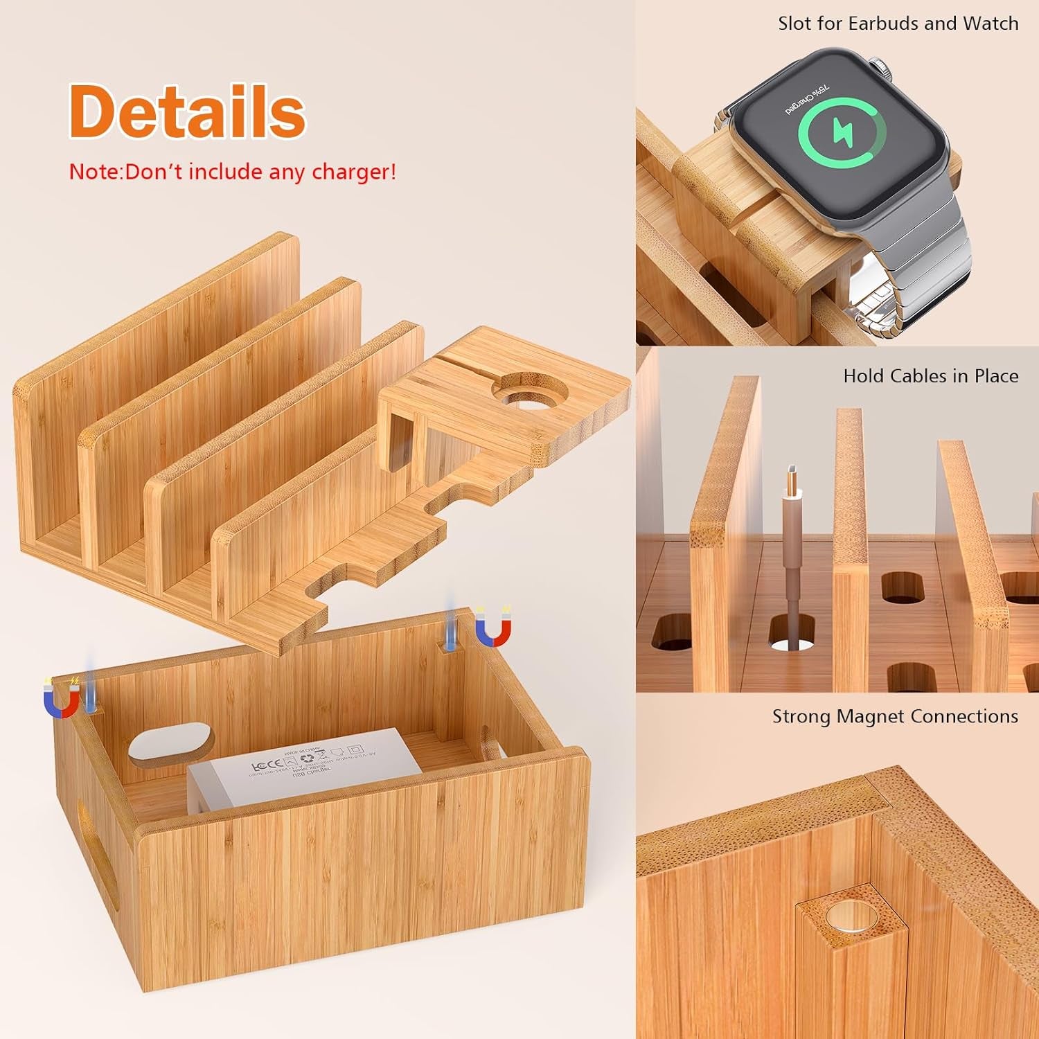 Bamboo Charging Station Rack, Wooden Dock Stand for Cell Phones, Tablets, Smart Watch and Earpod, Multi Charge Organizer Stand, Include Wire Cables