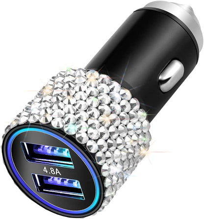 Dual USB Car Charger, 4.8A Output, Bling Crystal Diamond Car Decorations Accessories Fast Charging Adapter for Iphones Android Ios, Samsung Galaxy, LG, Nexus, HTC (Silver)