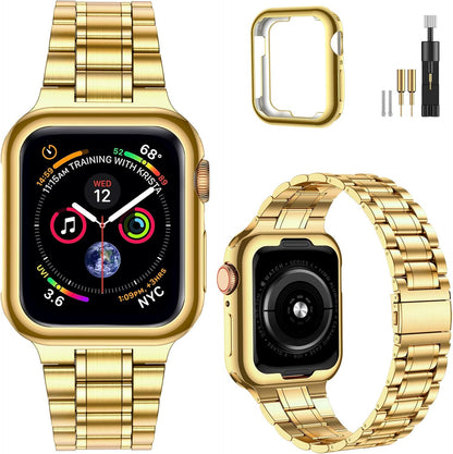 Solid Stainless Steel Band Compatible with Apple Watch 44Mm 42Mm (Not Series 10), Metal Strap with Soft TPU Case for Iwatch Series 6 5 4 3 2 1 SE Women and Men, Gold