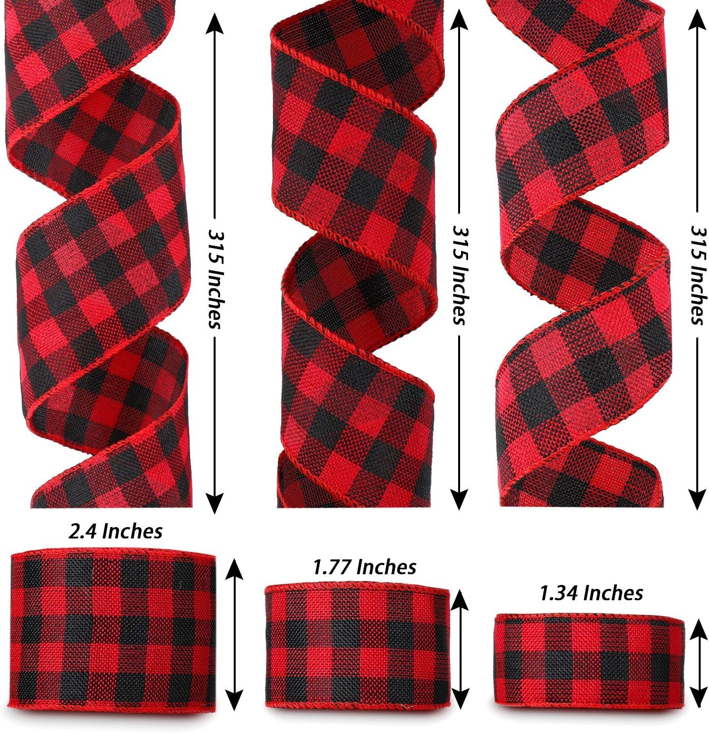 3 Rolls Buffalo Plaid Burlap Wired Ribbon Weave Ribbon with Wired Edge Bows Craft Decoration for Big Bow Wreath Tree Decoration Outdoor (Black and Red Plaid,1.34, 2.4, 1.77 Inches)