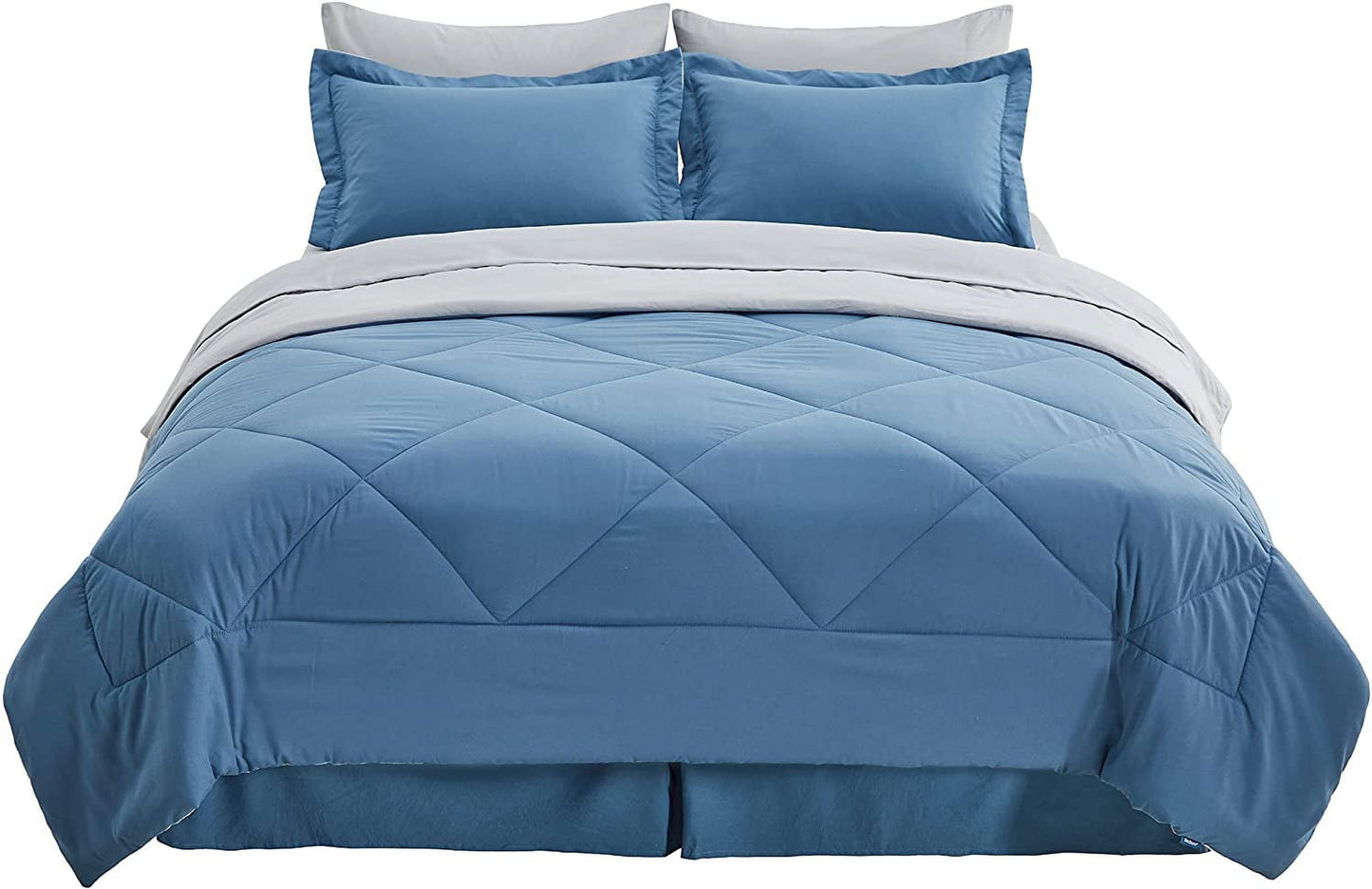 Blue Comforter Set Queen - 7 Pieces Reversible Blue Bed in a Bag with Comforters, Sheets, Pillowcases & Shams, Queen Blue Bed Set