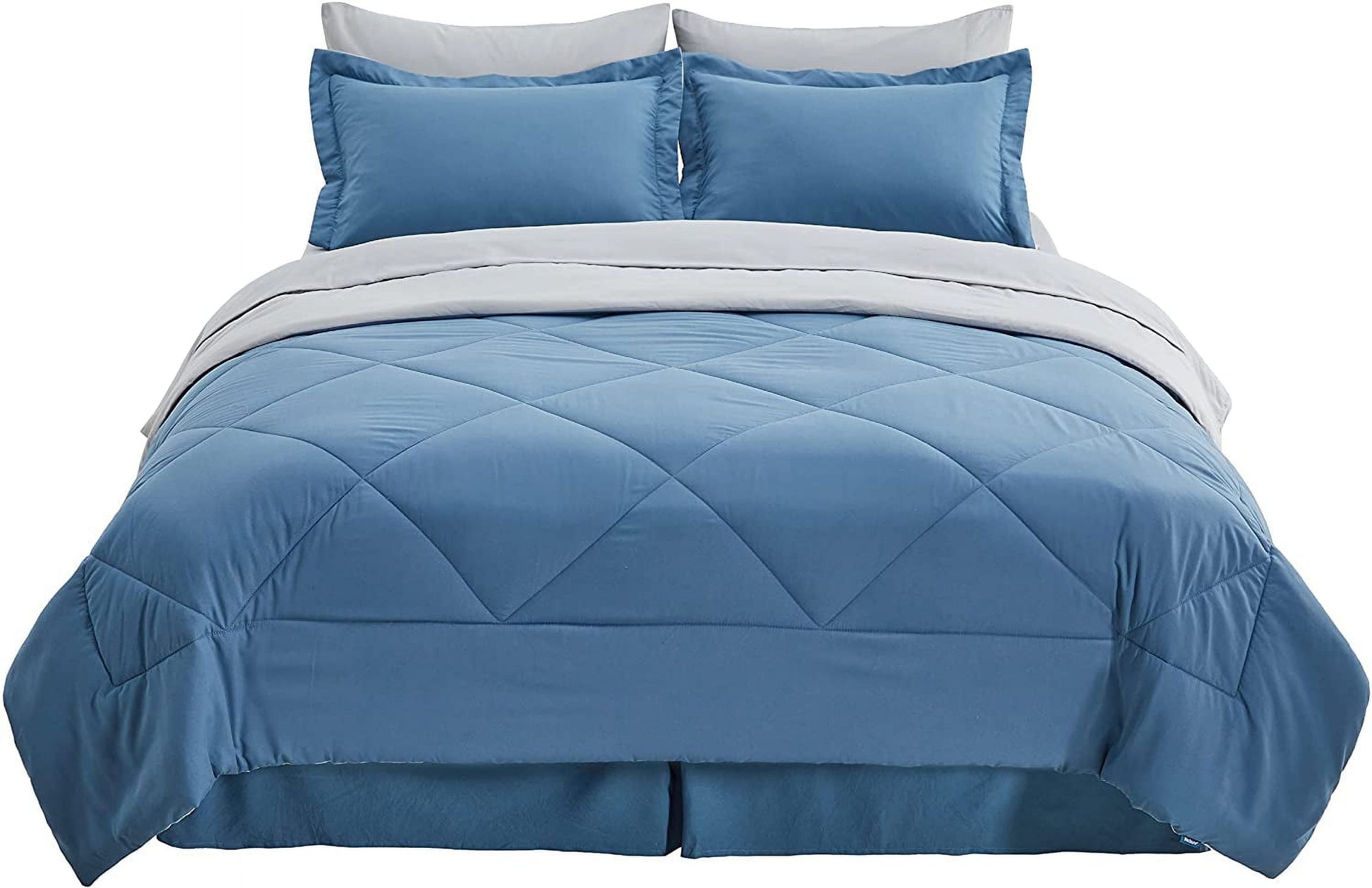 Blue Comforter Set Queen - 7 Pieces Reversible Blue Bed in a Bag with Comforters, Sheets, Pillowcases & Shams, Queen Blue Bed Set