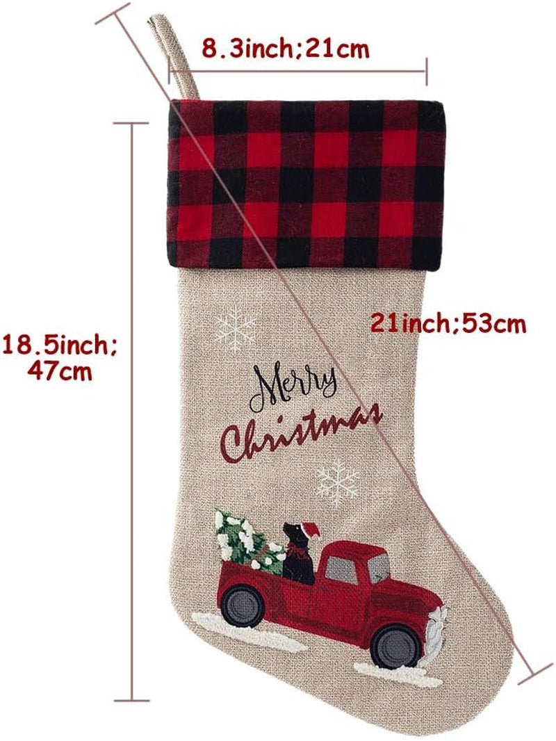 Burlap Christmas Stockings 21 Inch Embroidered Linen with Red and Black Buffalo Plaid Cuff for Gift Holders Holiday Decorations