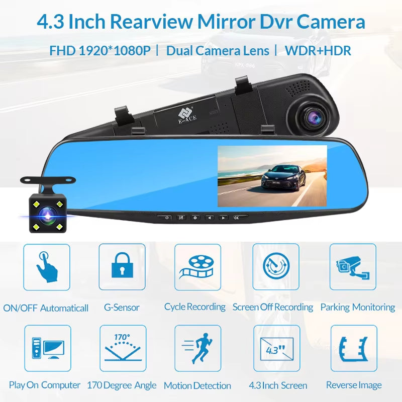 Dash Cam 4.3 Inches Car DVR Rearview Mirror Driving Recorder Dual Lens Front and Rear Camera Video Recorder Black Box