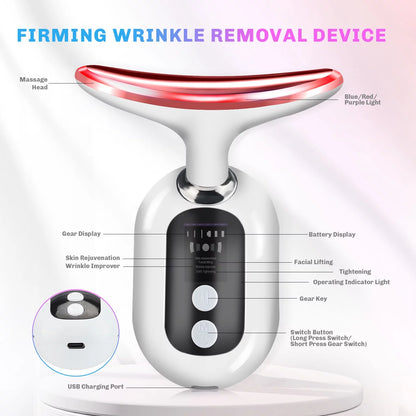 Firming Wrinkle Removal Device for Neck Face, Double Chin Reducer Machine with 45 +5℃ Heat & 3 Color Modes for Skin Care, Face Lift, Improve, Smooth and Tightening Skin, White