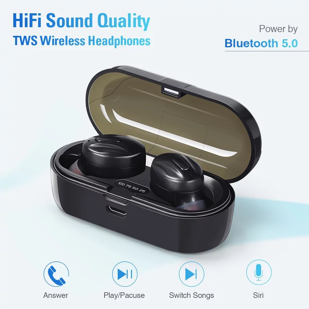 True Wireless Earbuds, TWS Stereo Waterproof Bluetooth in Ear Earphones with Charging Case, Noise Cancellation, Built-In Mic for Sports & Work