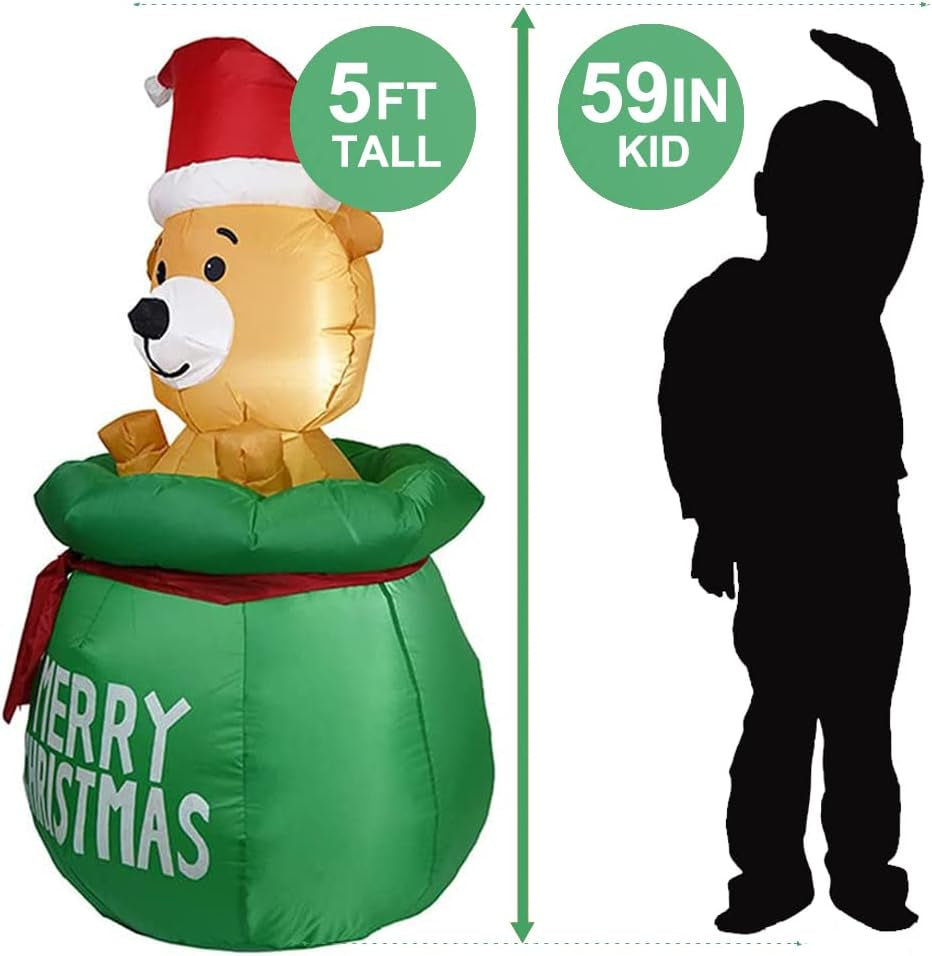 Giant Inflatable Christmas Decorations Xmas Bear Outdoor, 5FT Blow up Decoration Build-In LED Lights Christmas Bear Gift Merry Christmas Ornaments, Christmas Party Prop outside Garden Yard Lawn Decor