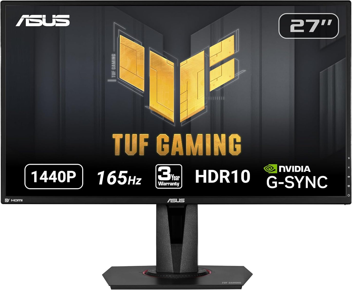 TUF Gaming 27" 2K HDR Gaming Monitor (VG27AQ) - QHD (2560 X 1440), 165Hz (Supports 144Hz), 1Ms, Extreme Low Motion Blur, Speaker, G-SYNC Compatible, VESA Mountable, Displayport, HDMI ,Black