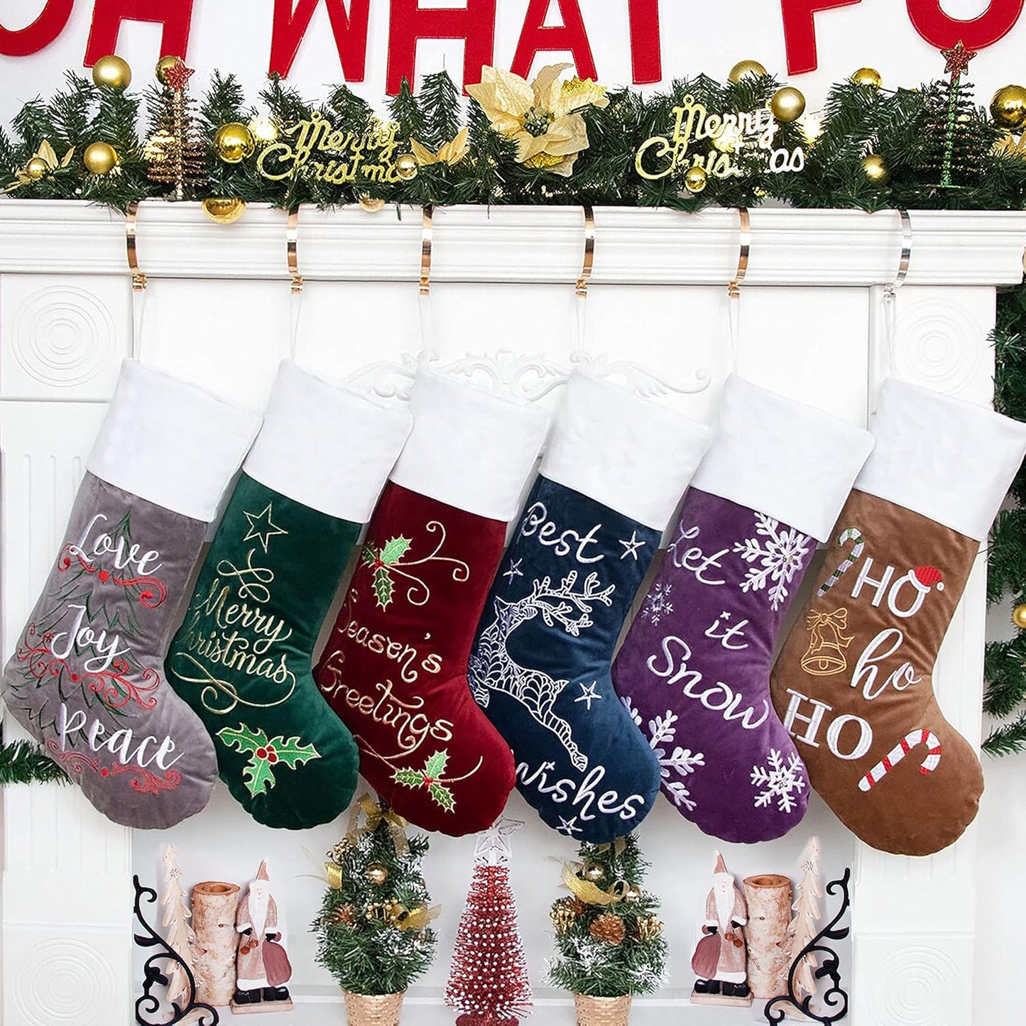 Christmas Stockings 6 Pack for Family 22" Large Embroidered Classic Luxury Velvet Red Green Purple Blue Grey Brown Ornament Decorations for Fireplace Xmas Season (Set of 6)