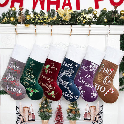 Christmas Stockings 6 Pack for Family 22" Large Embroidered Classic Luxury Velvet Red Green Purple Blue Grey Brown Ornament Decorations for Fireplace Xmas Season (Set of 6)