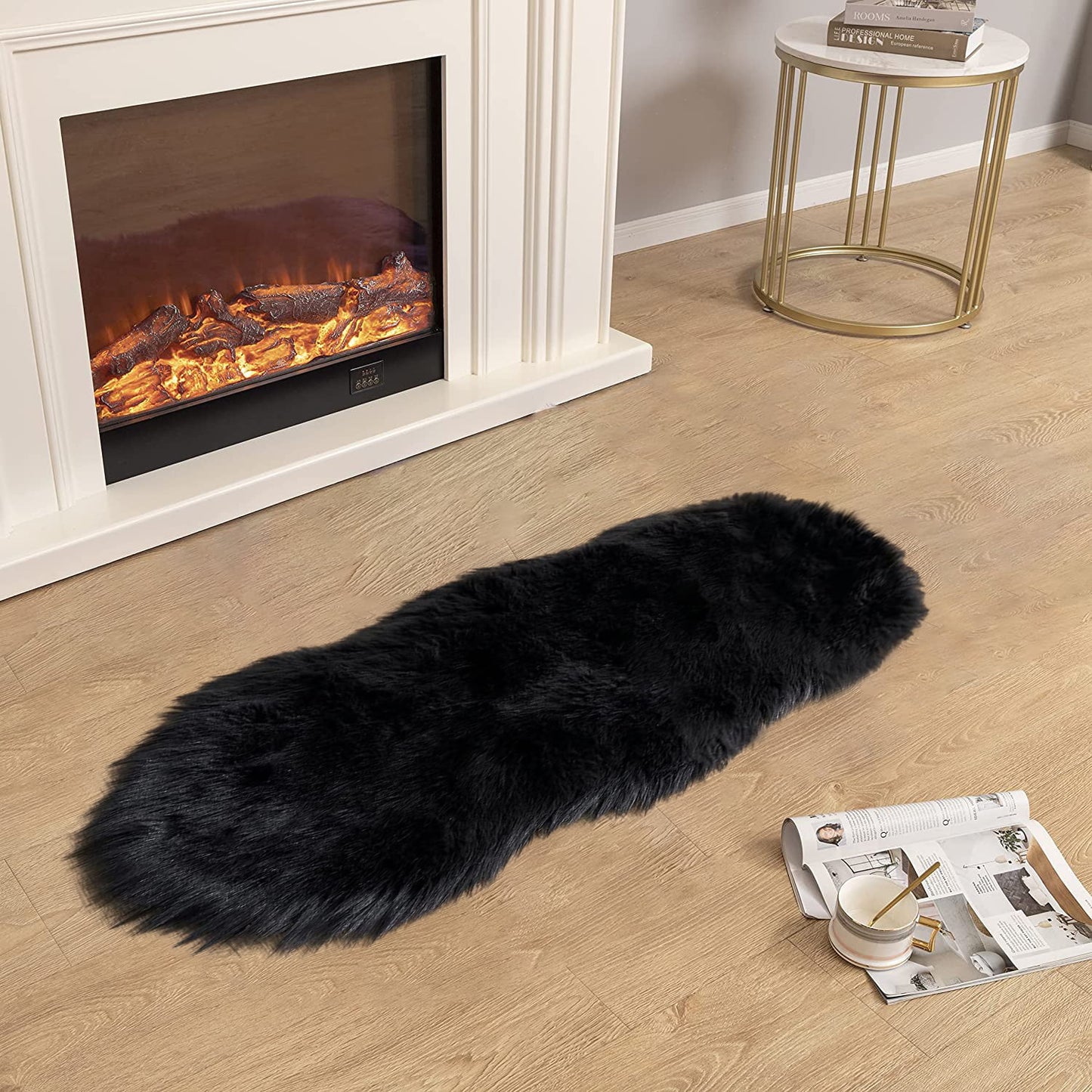 Soft Black Faux Sheepskin Fur Rug 2X4 Feet Fluffy Rug Shag Nursery Rug Small Cute Rug Area Rug Carpet for Living Room Bedroom, Cushion, Home Décor