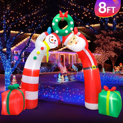 8' Christmas Inflatable Decorations, Xmas Blow up Archway Decor with Santa Claus and Snowman, Built-In LED Lights Outoor Lawn Yard Garden