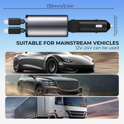 4 in 1 Retractable USB C Car Charger,100W Fast Charging Dual Port PD & QC Car Phone Charger Adapter with 2.6Ft Built-In Retractable Iphone/Type C Cable,Compatible with Iphone Android,Car Accessories