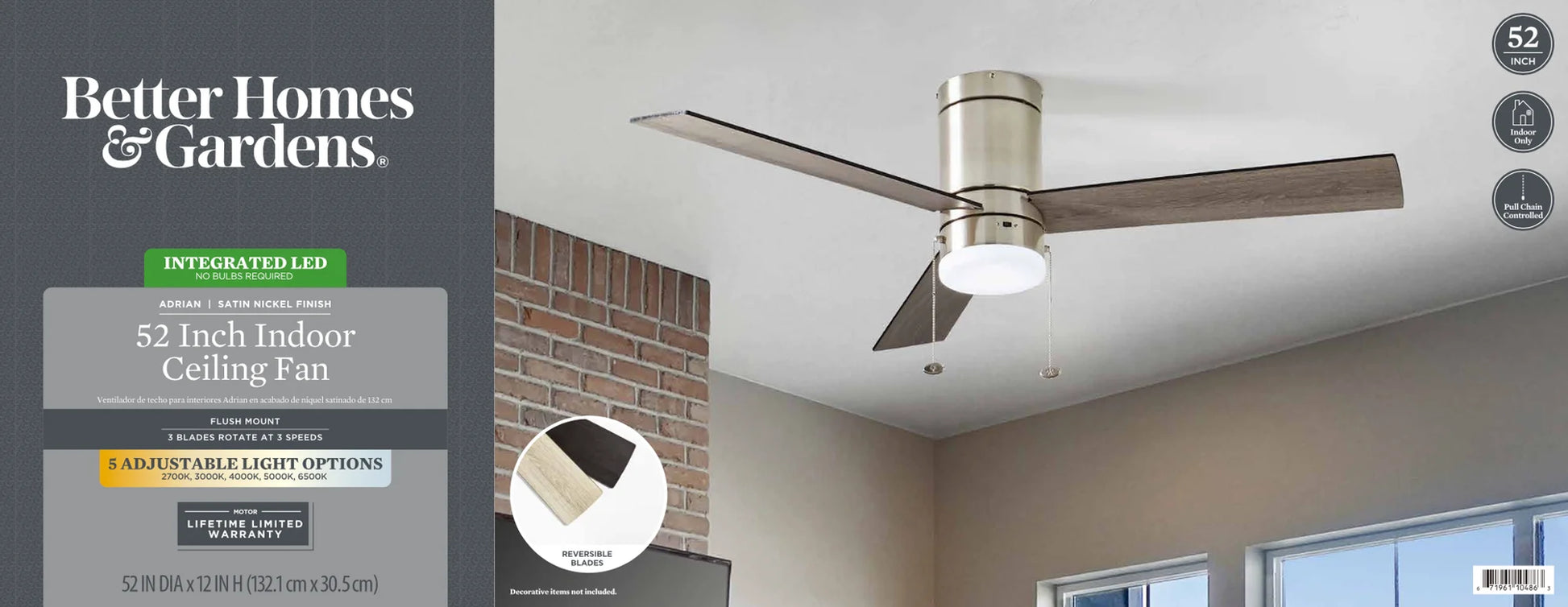 52" Modern Nickel Indoor Flushmount Ceiling Fan with Color Changing Light, Pull Chain Control & Reverse Airflow