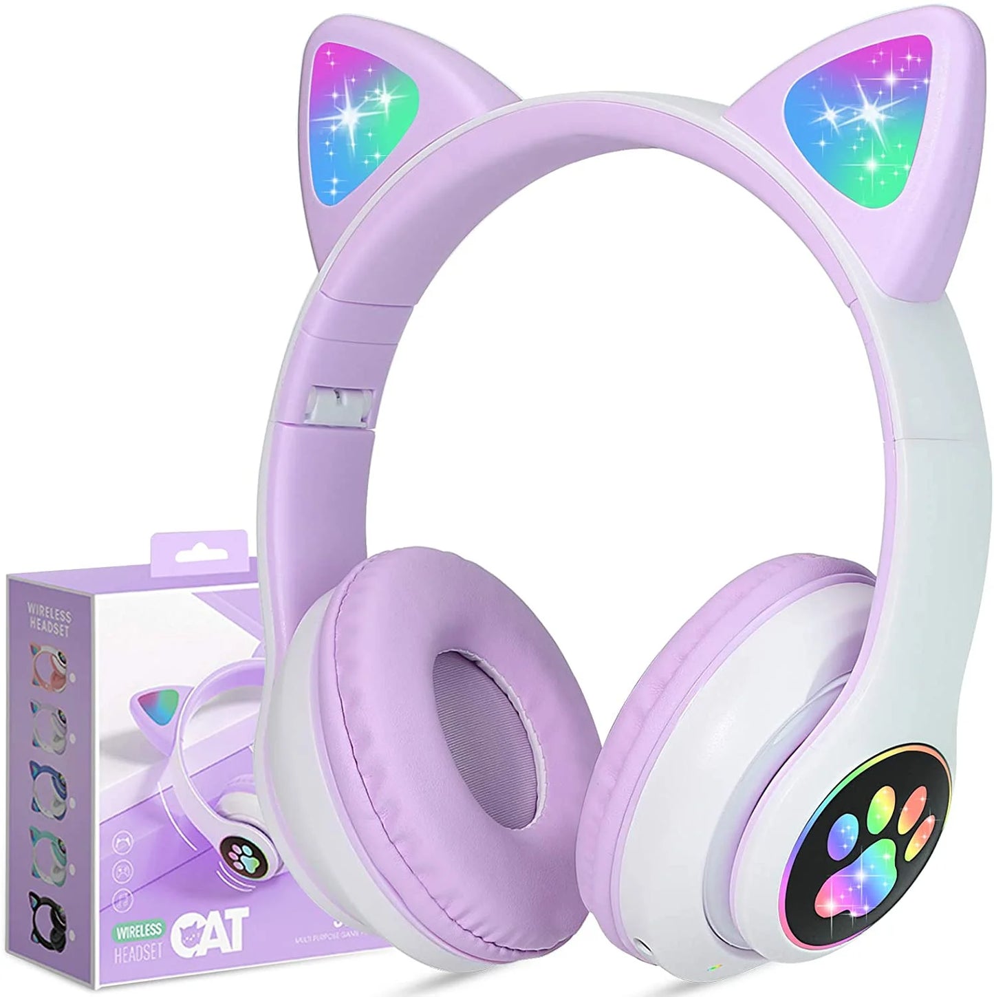 Kids Headphones,  Cat Ear Wireless Headphones, LED Light up Kids Bluetooth Headphones over on Ear W/Microphone for School