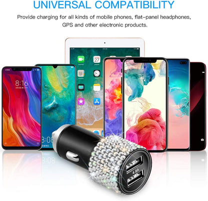 Dual USB Car Charger, 4.8A Output, Bling Crystal Diamond Car Decorations Accessories Fast Charging Adapter for Iphones Android Ios, Samsung Galaxy, LG, Nexus, HTC (Silver)