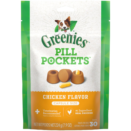 Pill Pockets for Dogs Capsule Size Natural Soft Dog Treats, Chicken Flavor, Semi-Moist, 7.9 Oz. Pack (30 Treats)