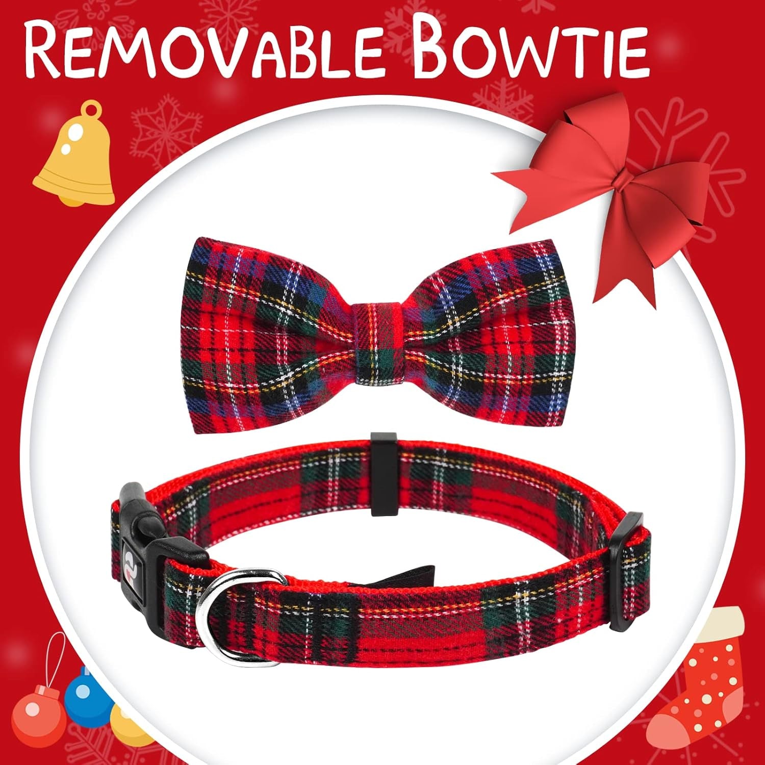 Christmas Buffalo Dog Collar and Leash Set, Classic Plaid Collar with Removable Bowtie and Matching Leash for Large Dogs