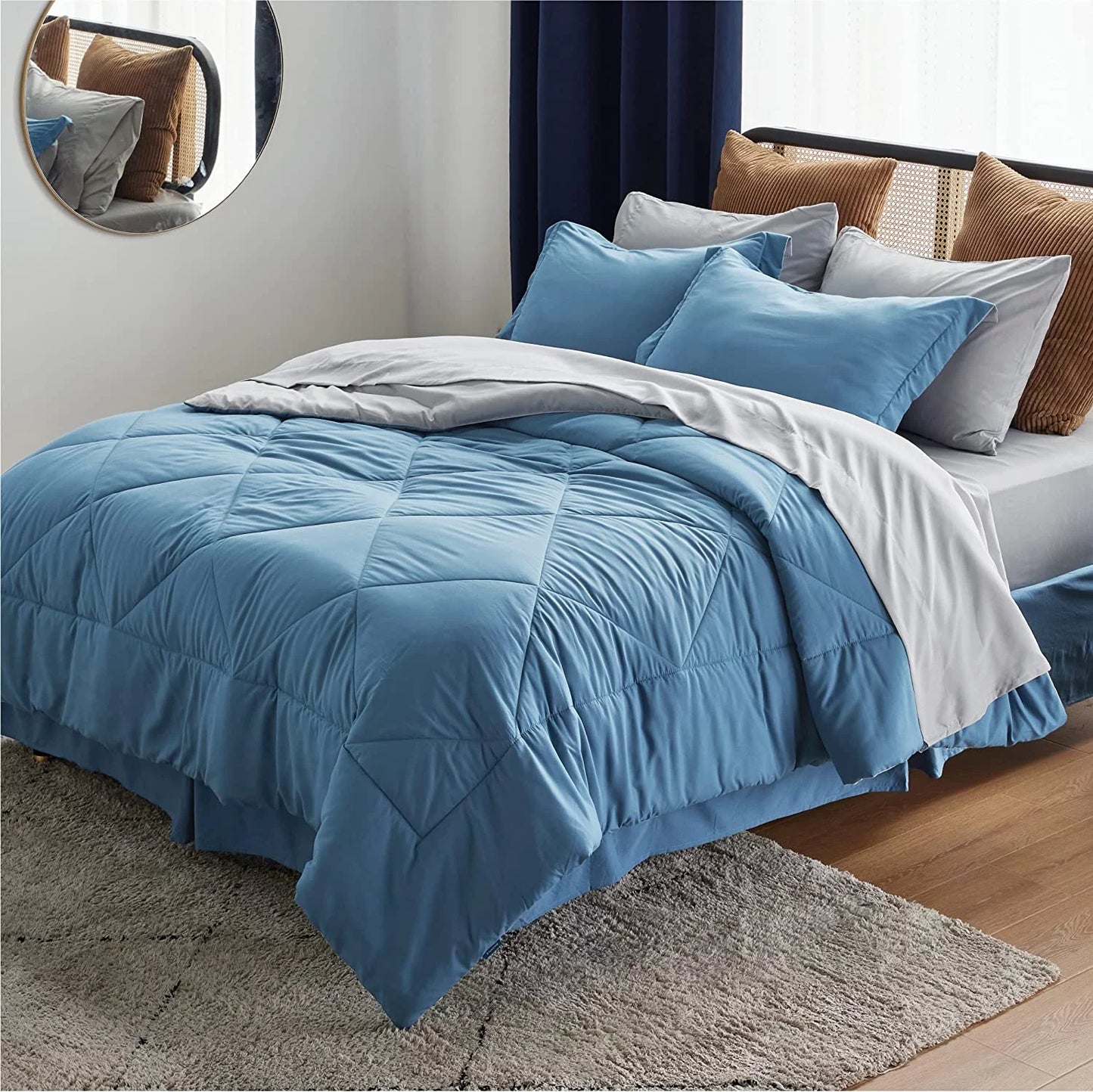 Blue Comforter Set Queen - 7 Pieces Reversible Blue Bed in a Bag with Comforters, Sheets, Pillowcases & Shams, Queen Blue Bed Set