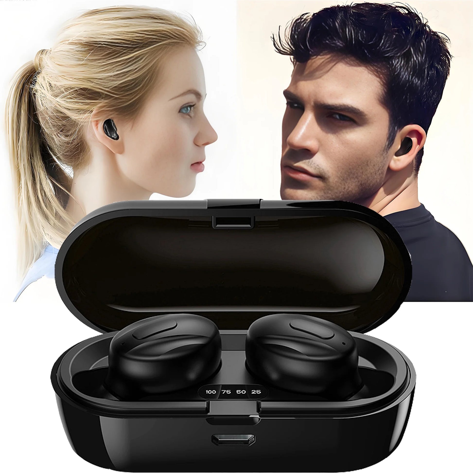 True Wireless Earbuds, TWS Stereo Waterproof Bluetooth in Ear Earphones with Charging Case, Noise Cancellation, Built-In Mic for Sports & Work