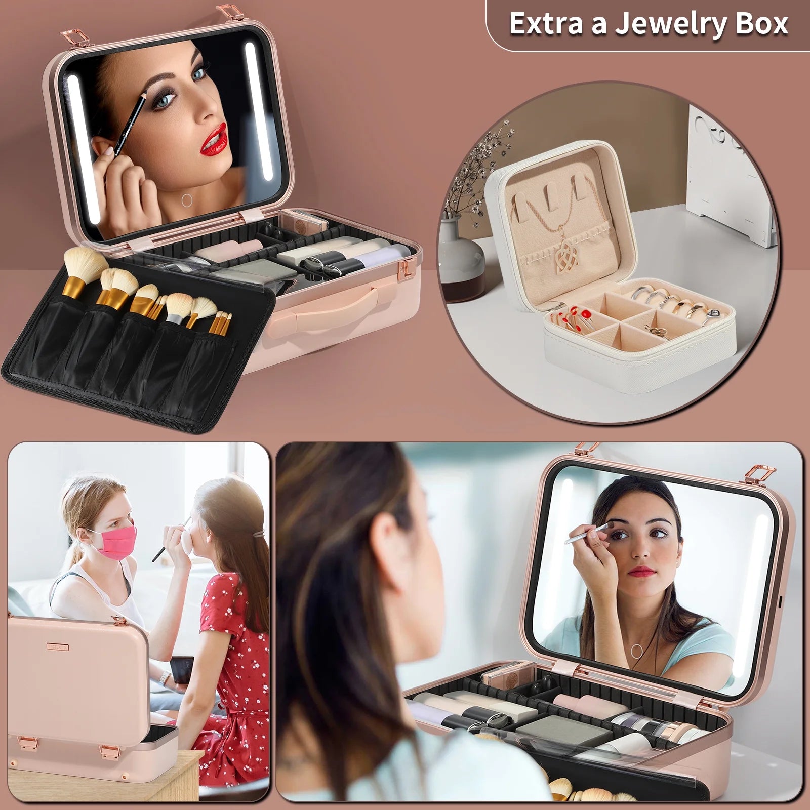 15" Pink Makeup Train Case with Mirror & Light & Jewelry Organizer Cosmetic Case Box with Brushes Board