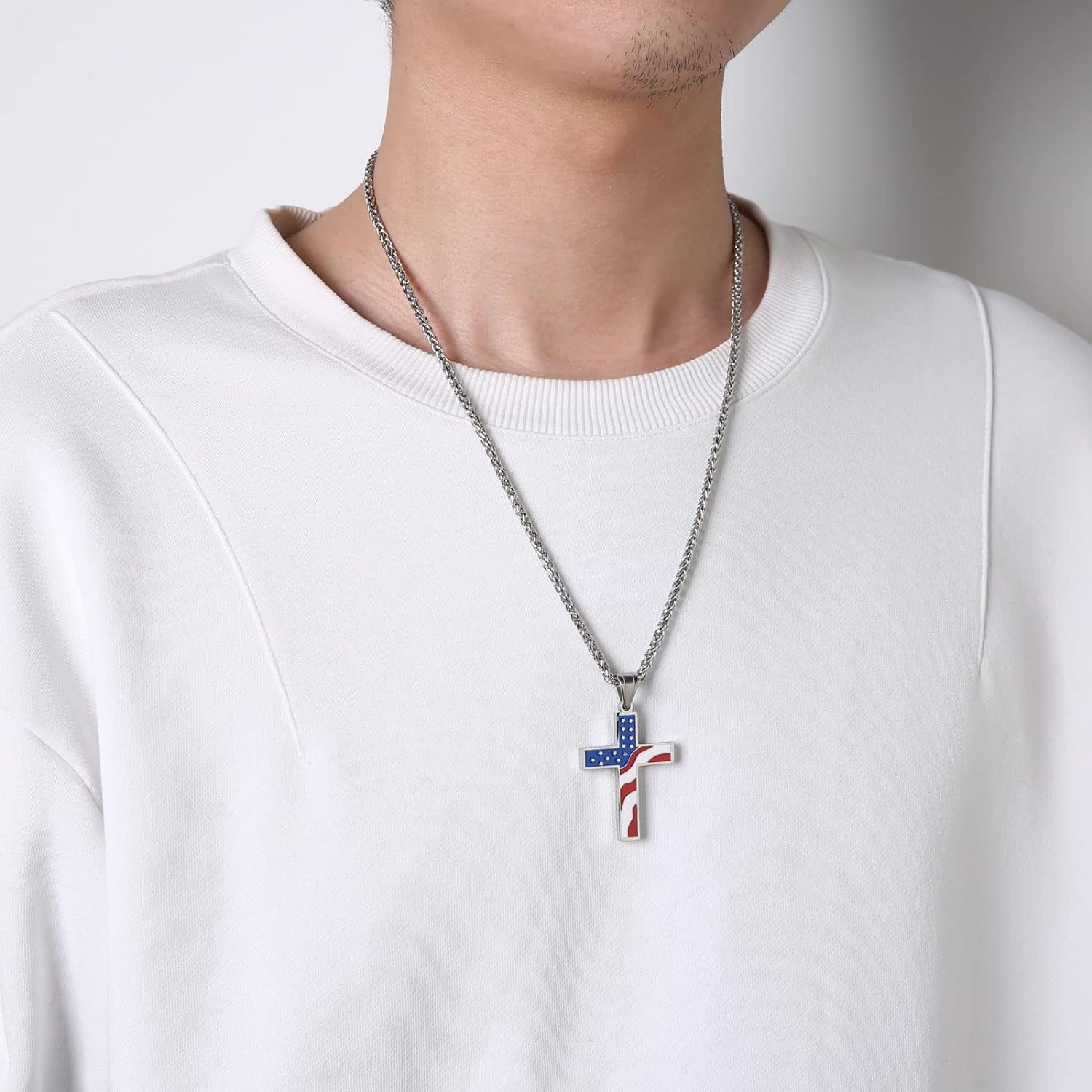 American Flag Patriotic Cross Religious Jewelry Pendant Necklace