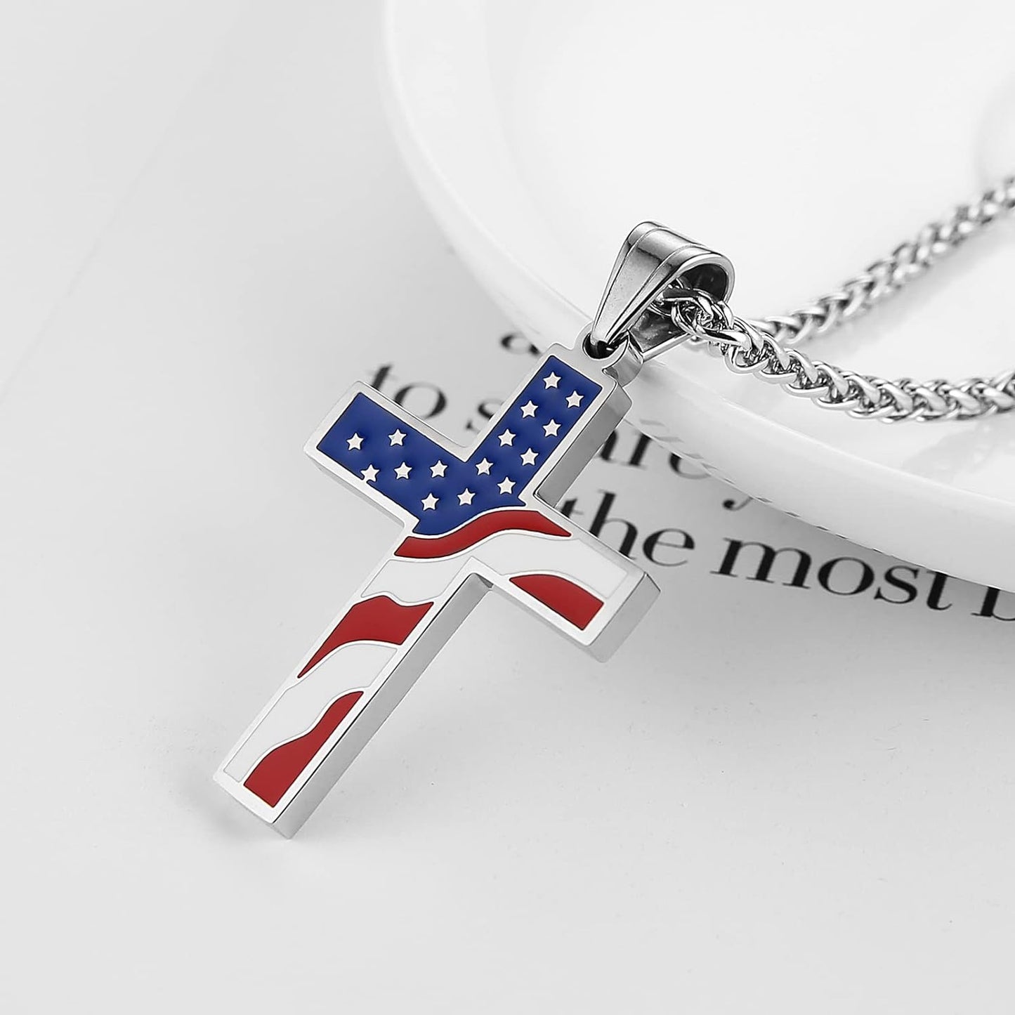 American Flag Patriotic Cross Religious Jewelry Pendant Necklace