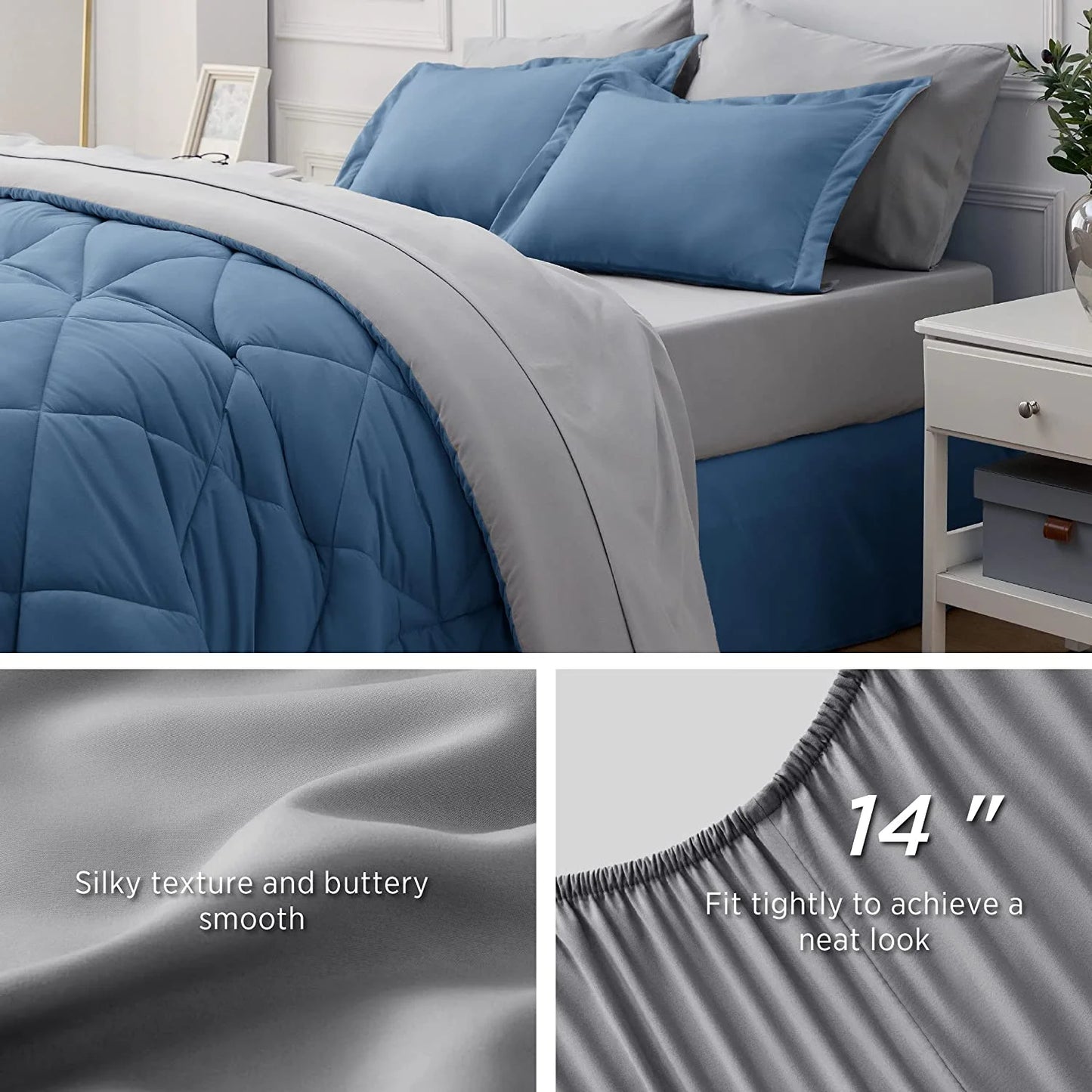 Blue Comforter Set Queen - 7 Pieces Reversible Blue Bed in a Bag with Comforters, Sheets, Pillowcases & Shams, Queen Blue Bed Set