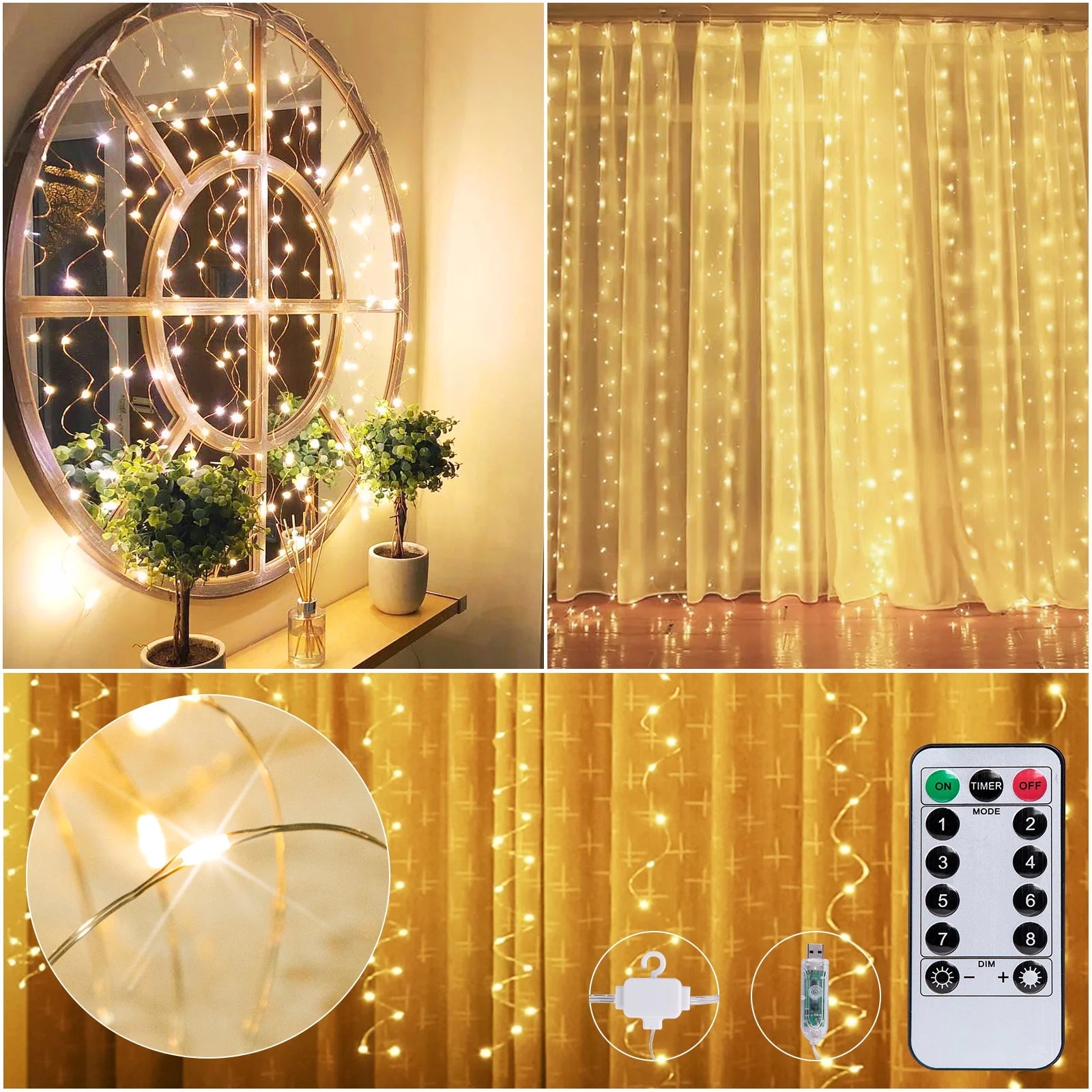 Fairy Curtain Lights Window String Lights 300 LED Twinkle Firefly Stars with 8 Light Modes Remote Control for Bedroom, Weddings, Party, Indoor, Outdoor Decoration, 9.8X9.8Ft, Warm White