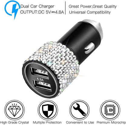 Dual USB Car Charger, 4.8A Output, Bling Crystal Diamond Car Decorations Accessories Fast Charging Adapter for Iphones Android Ios, Samsung Galaxy, LG, Nexus, HTC (Silver)