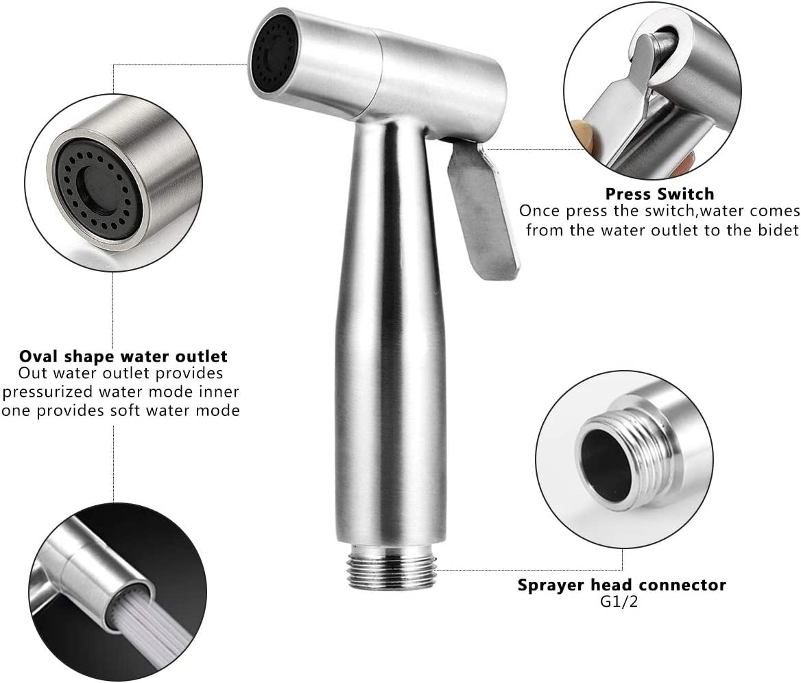 Handheld Bidet Sprayer for Toilet,  Baby Cloth Diaper Sprayer Bidet for Toilet Stainless Steel Brushed Nickel Bathroom Hand Held Shattaf Shower Wall&Toilet Mount (Bidet Sprayer Head Only)