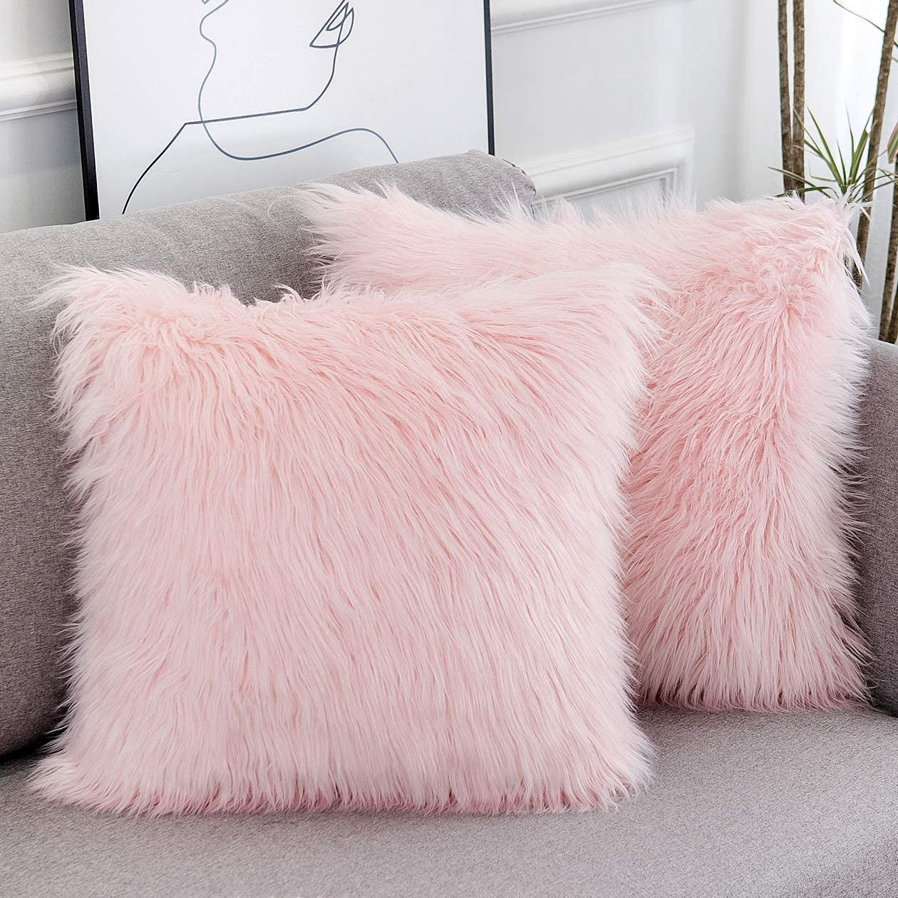 Set of 2 Pink Fluffy Pillow Covers New Luxury Series Merino Style Blush Faux Fur Decorative Throw Pillow Covers Square Fuzzy Cushion Case 18X18 Inch